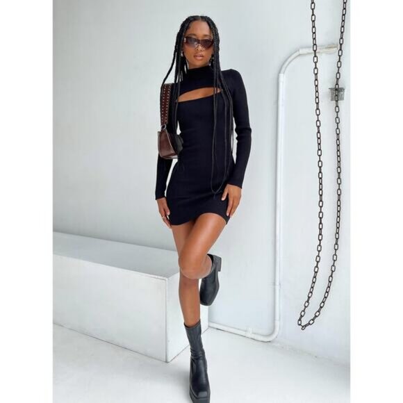 NWT PRINCESS POLLY Lyvia Long Sleeve Mini Dress Black Size Small / Medium - Picture 3 of 8